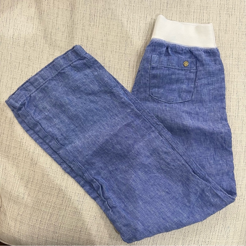 Lilly Pulitzer 33" Beach Mid Rise Linen Palazzo Pant Beckon Blue x Resort White